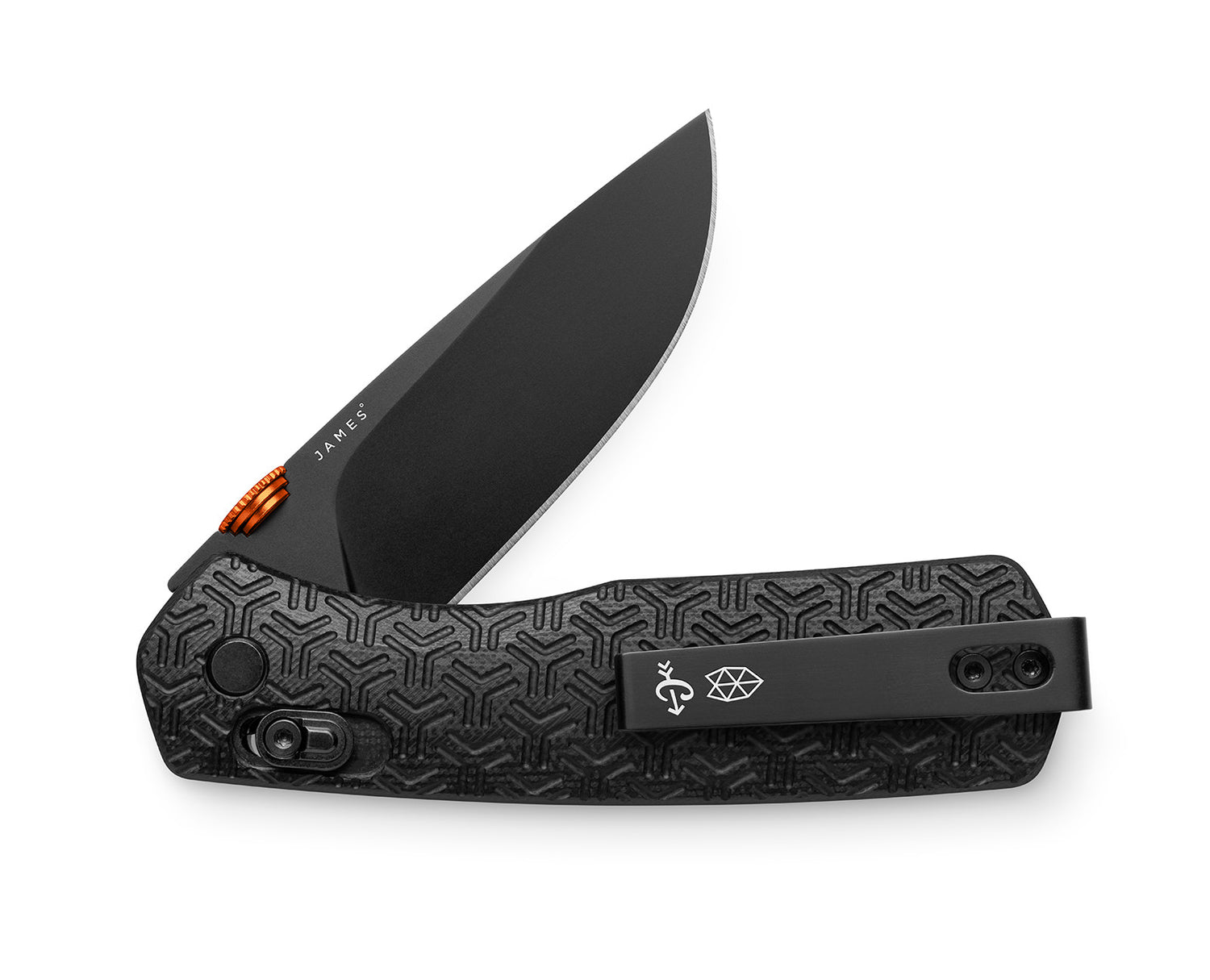 The Carter EDC pocket knife with a black blade and Carryology patterned handle.